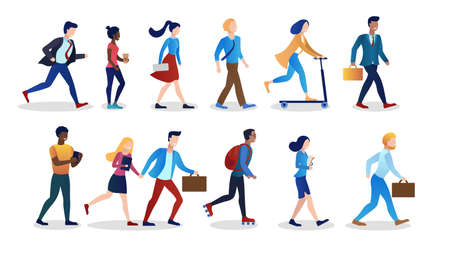 Collection People. International office workers. Hurry to work. Morning weekdays. Different races, nationalities. Hipster, Geek, Workaholic, Programmer, Lazy employee. Flat Cartoon Vector Illustrationのイラスト素材