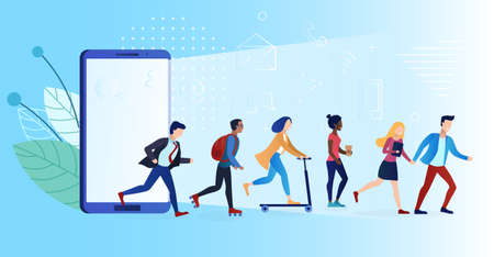Group of Different people are running away from phone addiction. Modern people. Different races and nationalities. Exit to the real world. Modern Social Disease. Internet addiction. Flat Illustrationのイラスト素材