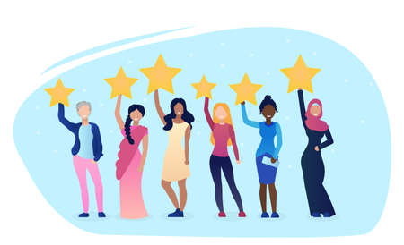 Women give review rating and feedback. Women choose and recommend. Customer choice. Know your client concept. Rank rating stars feedback. Business feedback support. Flat Cartoon Vector Illustrationのイラスト素材