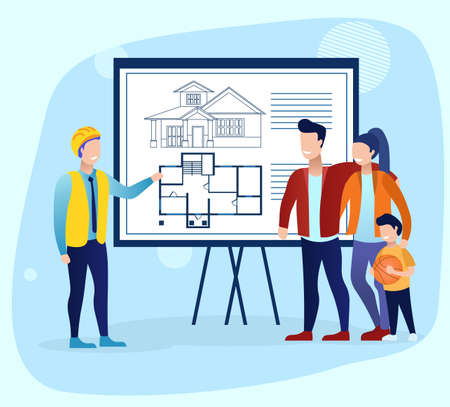 Happy Young Family looks at plan of family home. The engineer demonstrates new home. Young couple buy a house. Investing in the future. Budget strategy. Flat Cartoon Vector Illustrationのイラスト素材