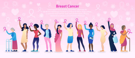 Women all over the world. Fighting Breast Cancer. A month cancer campaign. International solidarity. Pink ribbon. Women can. Female Support Concept. On light pink background. Flat Vector Illustrationのイラスト素材