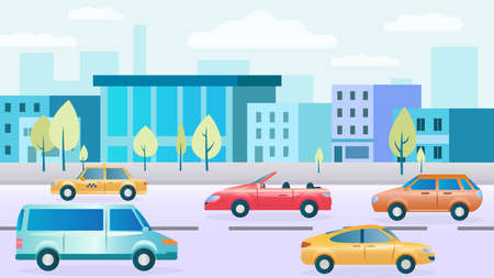 City street with cars. Modern houses, shops, sidewalks. Highway Traffic. Cars Collection. The bustle of the big city. City background. The problem of high traffic in cities. Flat Vector Illustrationのイラスト素材