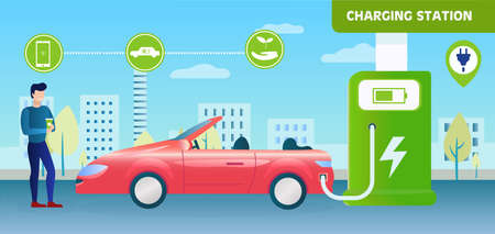 A man charges his red car at a charging station. A man is worried about ecology. Electric vehicle. Rapid energy recovery. Eco technology. Responsibility for the environment. Flat Vector Illustrationのイラスト素材