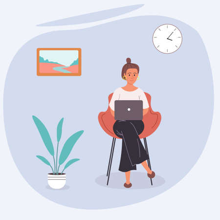 Young girl freelancer. Works at home. Convenient schedule. Job search. Successful business lady. Dream Work. On a purple background. Can be a sticker. Flat cartoon character Vector Illustrationのイラスト素材