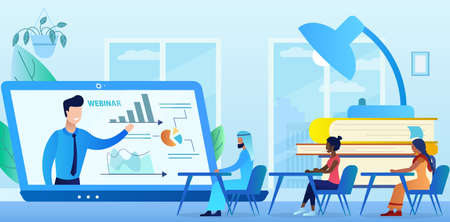Professional online training. Multicultural group browsing the webinar. Education webinar banner. Distance Learning. Business courses. New technologies in education. Flat cartoon vector illustration.のイラスト素材