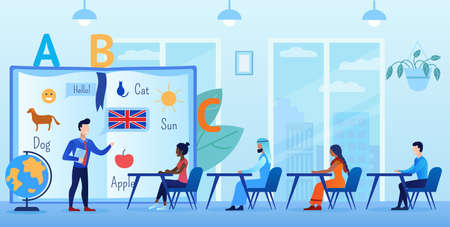 People of different nationalities are learning English. The teacher explains the basics. Students sit at desks. In the office. They communicate with each other. Flat vector cartoon illustrationのイラスト素材