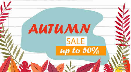 Autumn super sale. On a white background with silhouettes of wooden boards. Flyer, sticker, header, banner. Vector illustration for shops and sales. With autumn leaves and herbs in yellow and redのイラスト素材