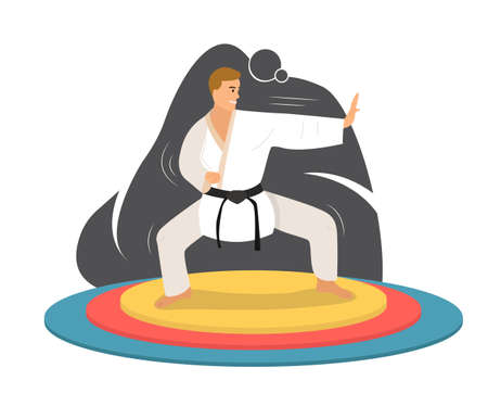 Karatist shows the techniques in the training room. A young man is a master of his craft takes part in competitions. Sports, mixed fights are his lifestyle. Vector illustration in cartoon flat styleのイラスト素材