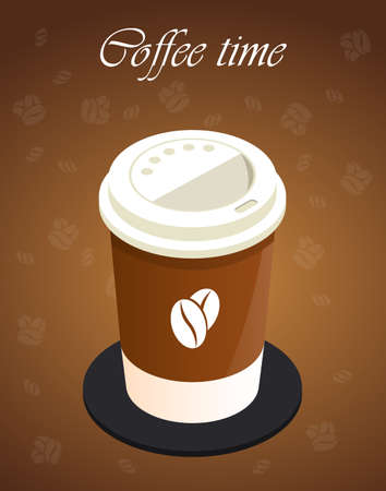 Takeaway paper coffee cup made on brown background with coffee color also with translucent coffee beans. Elements drawn in detail. In the style of 3D isometrics. It can be an icon or a sticker.のイラスト素材