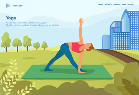 Woman doing yoga clothes doing yoga in big city park. Practices pose and breathing. With harmony with her body and thoughts. City silhouette in the background. Vector illustration of cartoon flat style.のイラスト素材