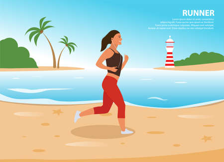 Girl in red sportswear running on the beach. Around palm trees, sand, water, lighthouse. Healthy Lifestyle. Jogging, relaxing. Vector illustration in flat cartoon style. Can be poster, banner, stickerのイラスト素材