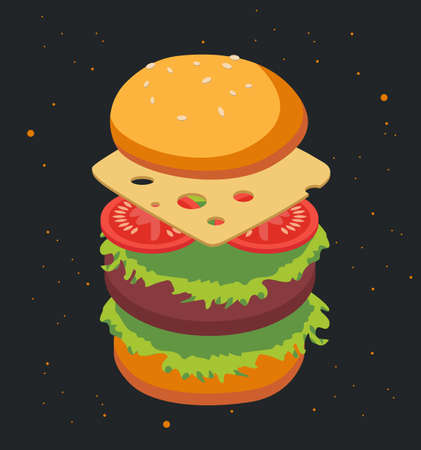 Delicious burger, with jumping ingredients. Cheese, tomato, meat. With a bright yellow bun. On a black background with yellow spots. Can be a sticker, an icon. Cartoon 3d Vector illustrationのイラスト素材