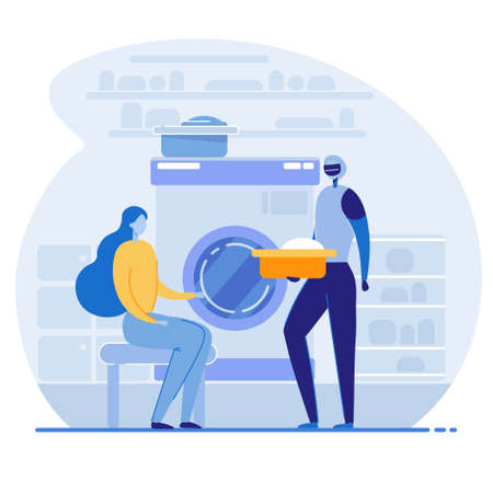 The robot helps the housewife with the laundry. Android uses a washing machine. Woman controls work process. New technologies in everyday life. The machine helps you do your homework. Flat cartoonのイラスト素材