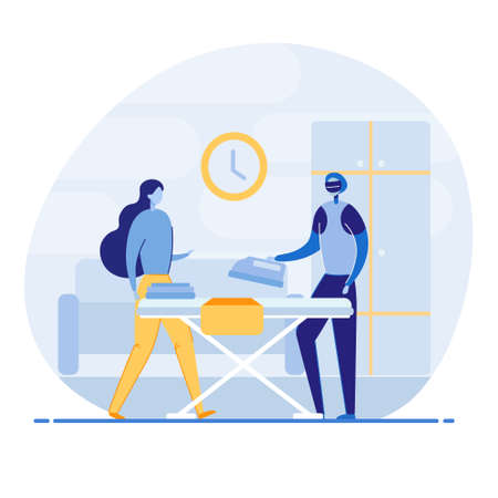 A robot helps a woman do her homework. Ironing clothes. New technologies in homework. Android of the future uses technology to improve the quality of life of people. Flat cartoon Vector Illustration.のイラスト素材