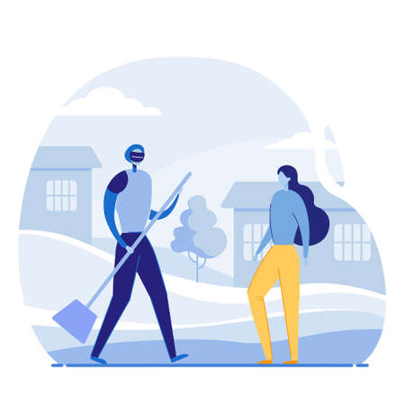 The robot helps to clean the street. The girl controls the execution process. New technologies of the future in daily responsibilities. Android does the work of people. Robot utility. Cartoon flatのイラスト素材