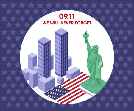 USA Memorial Day 9 11. Statue of Liberty. Behind high-rise buildings and the city. American flag. On a night blue background with stars. Vector illustration in 3d isometric. Banner, stickcer, headerのイラスト素材