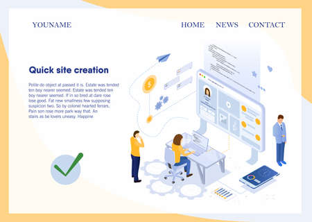 The concept of creating a site. Workers run the site. Engaged in coding, market research. All business processes is under the control of the boss. Vector illustration in 3d isometric style. Landingのイラスト素材