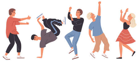 Collection of people Leisure activities. People dance, have fun, enjoy youth and weekends. Isolated on white background. Cartoon flat vector illustration.のイラスト素材