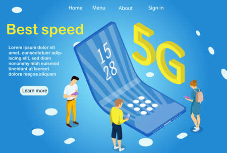 5G technology. Data rates are increasing. New business opportunities and common people. Reality is a smart city, a smart home, a smart car. Vector illustration. 3d isometric. Can be Landing page.のイラスト素材