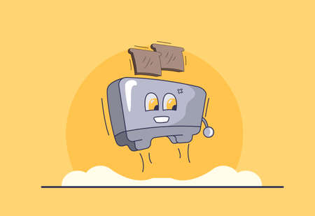 Toaster in vector poster design with bread. Vintage styling. Friendly toaster at work. Flies up and crashes toasted bread. Cartoon Toaster Character on yellow background. Vector illustrationのイラスト素材