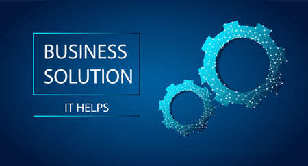 Business silution abstract banner n dark and blue colors. Polygonal low poly background with connecting dots and lines. Vector illustration with with space for text and interacting gears.のイラスト素材