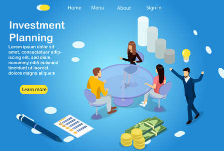 Investment planning. Workshop employees plan investments. Teamwork and head manager has a brilliant idea for investing money and growing. 3d vector template illustration for website, banner, poster.のイラスト素材