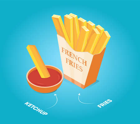 Franch fries in the yellow box with ketchup on blue background also with arrow pointers Fast food. Flat Vector Illustrationのイラスト素材