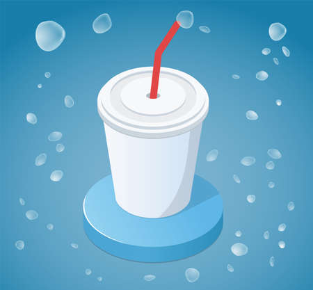Cup of soda. On a platform with a red straw. Around ice. Blue background feeling cool. Can be used as a sticker, banner. Vector illustration isolated.のイラスト素材