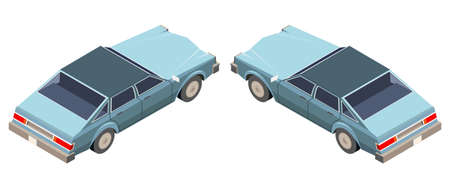Seventies classic. American old car. Blue color. A car that will never go out of style. Vector illustration in 3d isometry. Isolatedのイラスト素材