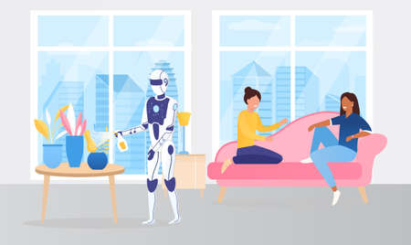 The robot is watering the flowers. The girls are sitting on the couch and talking. The concept of Futuristic Technologies.のイラスト素材