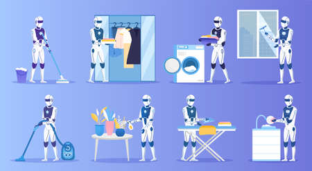 A group of four robots doing a housework. Domestic robot housekeeping Concept. Futuristic technologies. Artificial Intelligence. Robot assistant. Flat Vector Illustration.のイラスト素材