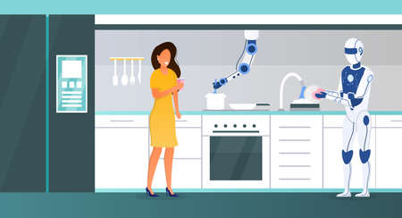 Young attractive woman cooking in the kitchen using new technology. The humanoid robot controls the cooking process together with the robotic arm.のイラスト素材
