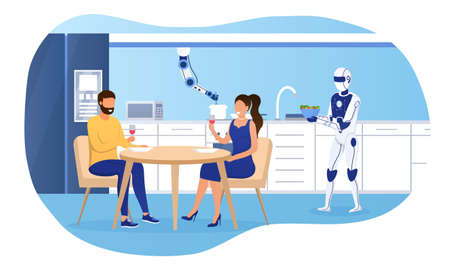 Young attractive couple on a romantic date. The robot assistant works in the kitchen and prepares dinner. Robotic hand works in the kitchen. Futuristic technology.のイラスト素材