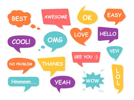Bubble talk phrases. Online chat clouds with different words comments.Chat balloons. Hand drawn set...