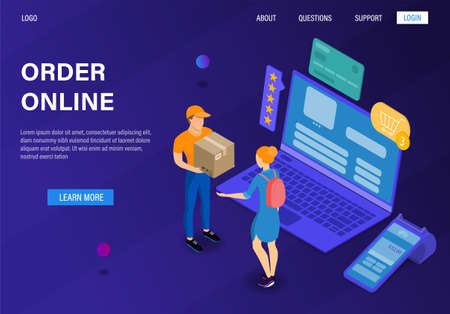 Online order concept. Home delivery of goods. The girl receives an order from the courier. Suitable for landing, site design, banner, mobile version of the site. Isolated and easy to edit.のイラスト素材