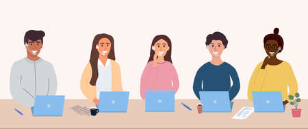 Colorful Call center operators avatars concept. Male and female customer service contact help managers vector web pictures. Customer support service. Online consultantsのイラスト素材