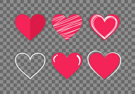 Collection of hand drawn red hearts on a transparent background. Symbol of love and care. Six beautiful different styles. Suitable for any style. Isolated easy to editのイラスト素材