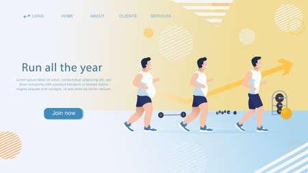 Man Weight Loss Progress Concept. The man runs and grow thin. Landing Page for Gym Fitness. Flat Vector Illustrationのイラスト素材