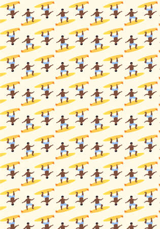 Surfers on surfboards in sea waves vintage funny seamless pattern. Flat vector illustration
