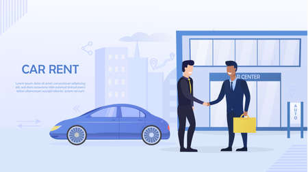 A man rents a car in a rent center. Landing Page. Mobile app. Car Rent. Lease Contract. Rent with Driver one Direction. GPS and Wi-Fi. Car Insurance. Modern Rental Station. Flat Vector Illustrationのイラスト素材