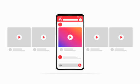 Smartphone with carousel posting interface concept Colorful gradient on the phone screen SMM on social network Great drawn smartphone in a realistic style Very easy to edit All objects isolated Vectorのイラスト素材