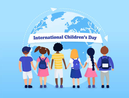 International Children's Day. Children of different races and cultures on the background of the planet. Fight for children's rights. International friendship. Cute Colorful Flat Vector Illustrationのイラスト素材