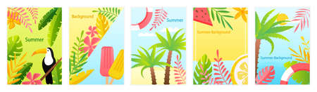 Set of six Colorful Summer Layout design Greeting Cards. Suitable for banner, cover book, poster. Easy to edit. Can be for printing or web design. Light pleasant summer colors Flat Vector Illustrationのイラスト素材