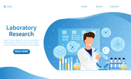 A young attractive scientist is working in a laboratory with flasks and chemicals The concept of a modern laboratory research Biotechnology Medical Engineering Health care. Genetic testing Flat Vectorのイラスト素材