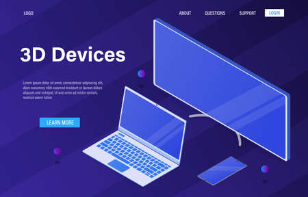 Office set of computer equipment. New modern devices in 3D isometric style. Monitor, laptop, phone. Employee workspace. Isolated and high-quality drawn objects. Easy to editのイラスト素材