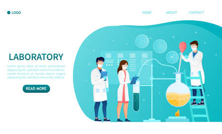 Group of scientists doing experiments in modern laboratory concept. Medical Research tests new drugs. Laboratory interior Microbiology and pharmacology Suitable for web design Flat Vector Illustrationのイラスト素材