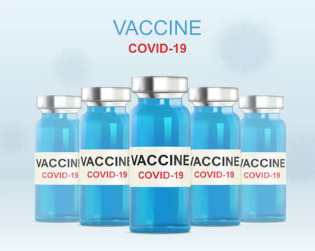 Realistic Ampoules with Antiviral Vaccine on a light blue background. Coronavirus infection, Covid-19, nCov 2019. Fight against the virus. The victory of pharmacology. Isolated Vector Illustrationのイラスト素材