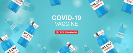 Realistic Ampoule with Antiviral Vaccines on a blue background. Coronavirus infection, Covid-19, nCov 2019. Fight against the virus. The drug with antibodies Easy to edit. Isolated Vector Illustrationのイラスト素材