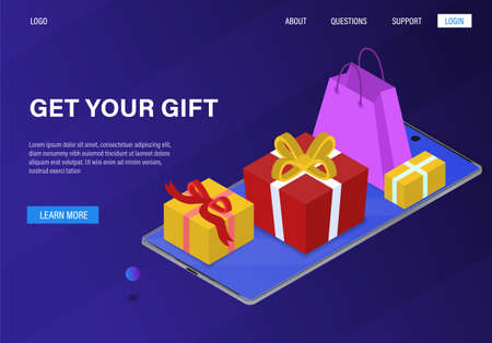 Gift winning concept. Gift boxes and packages on modern smartphones. Gift card concept. Certificate of winning. Suitable for landing page website mobile version banner 3d Isometric Vector Illustrationのイラスト素材
