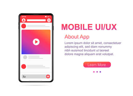 New mockup Smartphone Video Concept interface in social network concept. Pink Orange gradient on screen. Made in 3D Realistic style. Easy to edit Suitable for template infographics presentation Vectorのイラスト素材